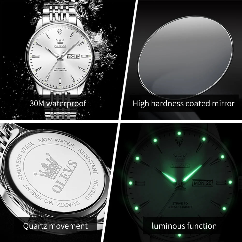 OLEVS Men's Watches Fashion Simple Calendar Week Luminous Waterproof  Steel Strap Man Watch Original Quartz Watches for Men 2929