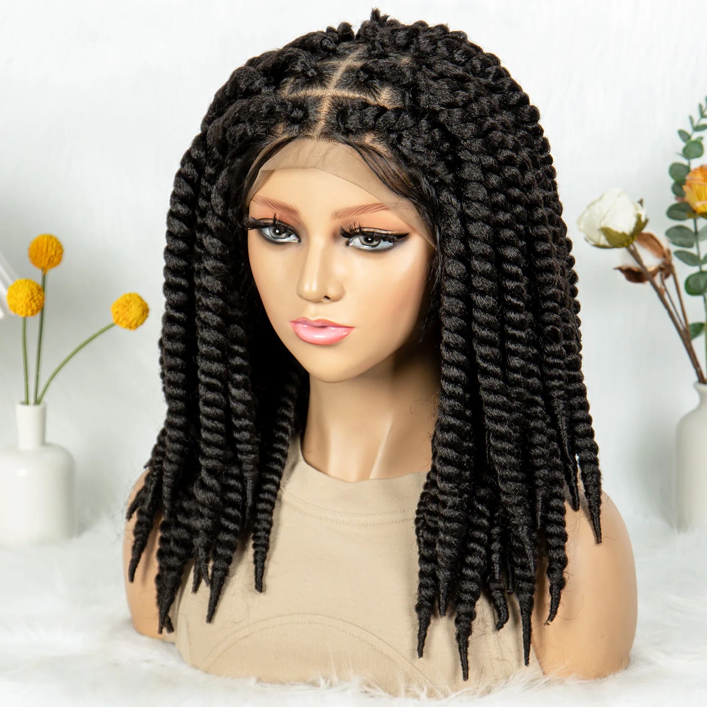 16" Full Lace Twisted Braided Wigs for Black Women Synthetic HD Lace Front Braids Wigs with Baby Hair Natural Lace Braiding Wigs