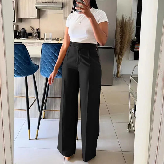 Autumn Casual High Waisted Pants Women Chic Fashion Solid Button Pocket Straight Leg Wide Leg Casual Pants Women