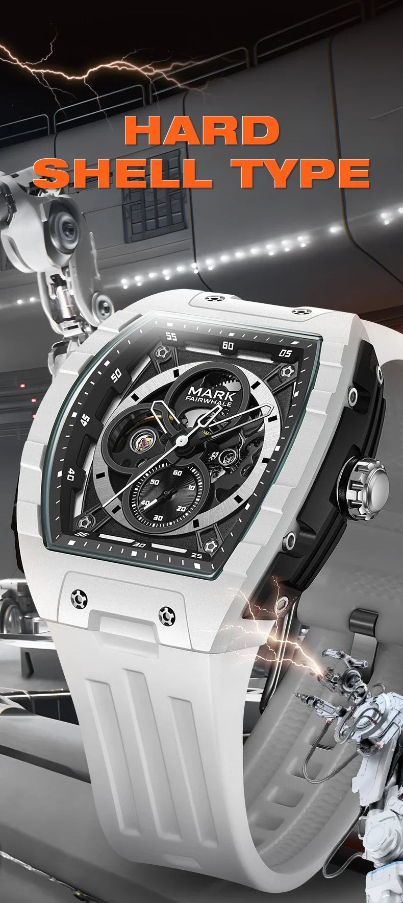 Mark Fairwhale 6014 Brand Rubber Strap Waterproof Luminous Men's Automatic Mechanical Watch Barrel Shape Watches for Men