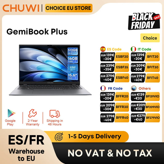 CHUWI GemiBook Plus Laptop Intel N150/N100 15.6 Inch 1920*1080 FHD Screen 16GB LPDDR5 512GB SSD Windows 11 WIFI 6 M.2 Up To 1T