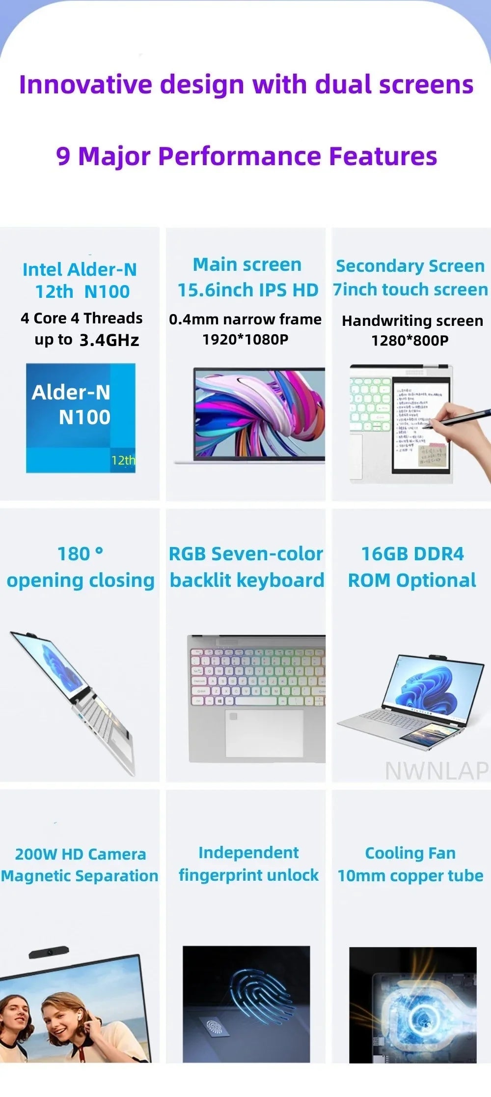 New Arrivals 12th Generation Intel N100 Dual Screen Laptop Gaming Laptop 15.6inch 2K LCD+7inch IPS Touch Screen PC Portable