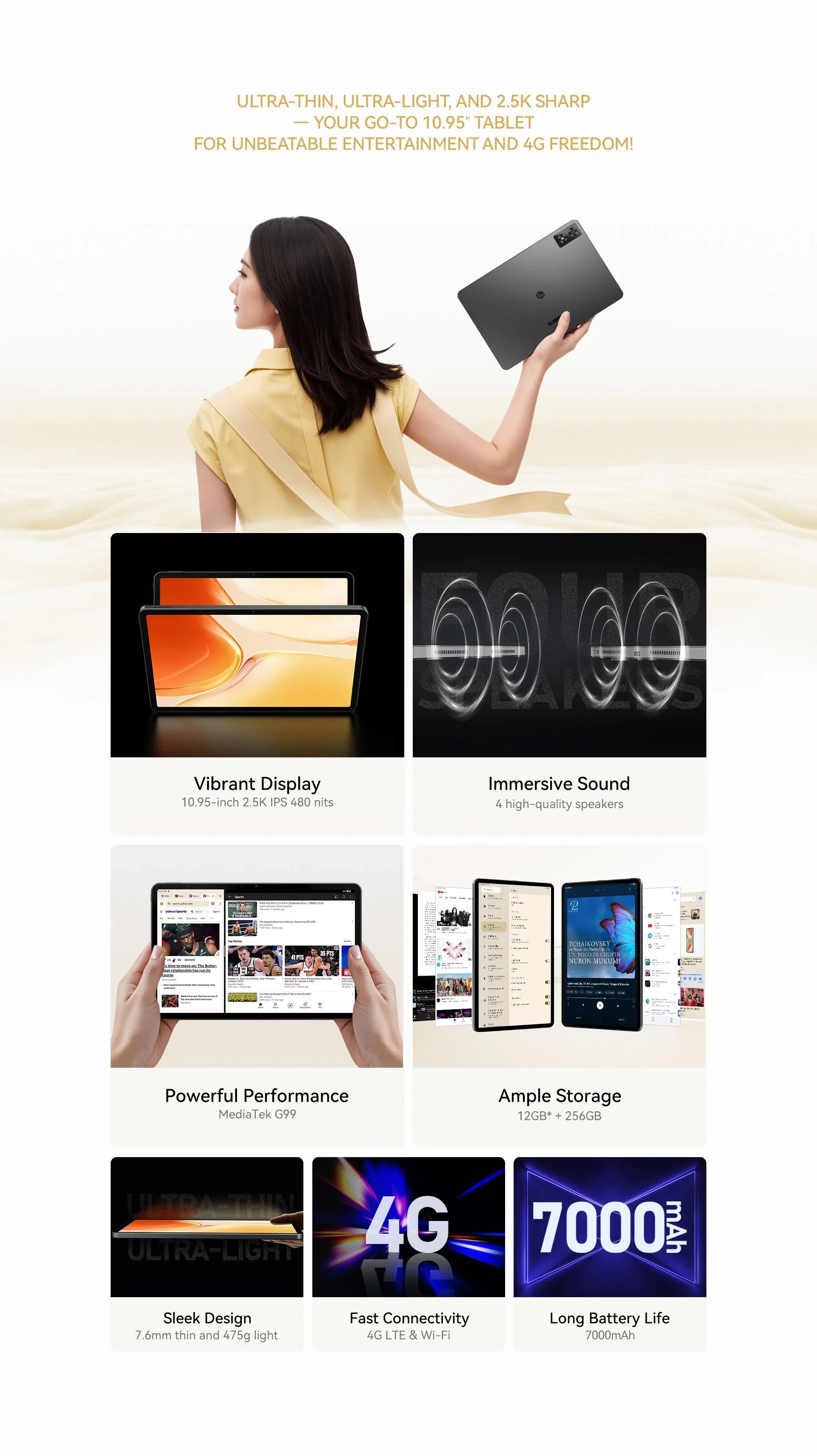 ALLDOCUBE iPlay 70 Pro Tablets 10.95 inch 2.5K 60Hz Display Helio G99 Octa 6GB+10GB RAM 256GB ROM Tablet PC 4G LET WiFi 7000mAh