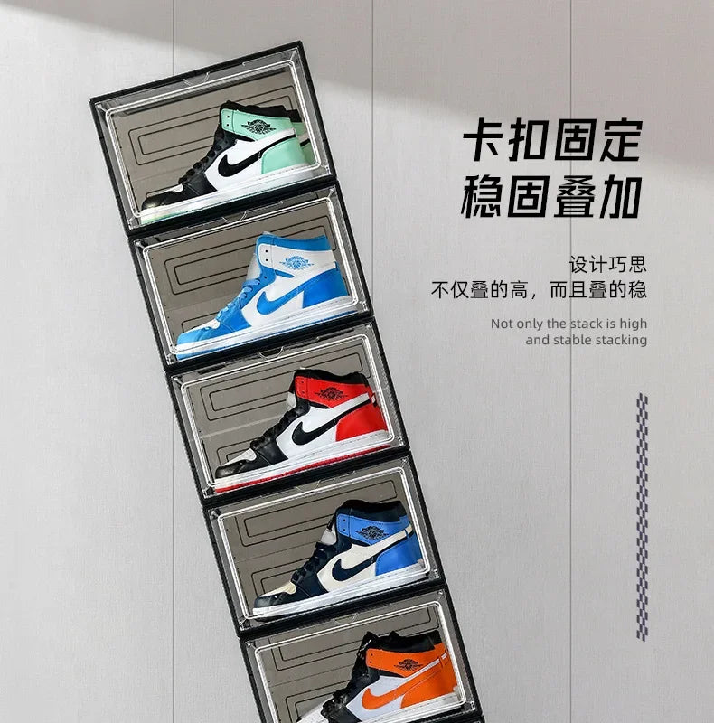 Transparent shoe box, hard box, magnetic storage, acrylic doll bag, hand-held storage box rack, front side opening shoe cabinet