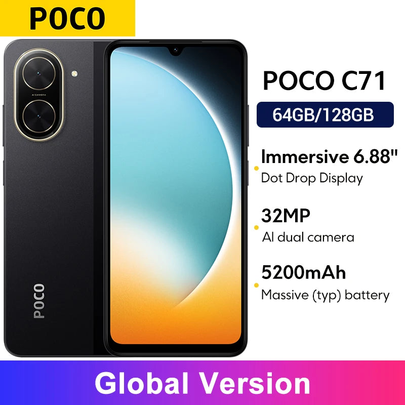 POCO C71 Global Version UNISOC T7250 processor 32MP AI dual camera Immersive 6.88” display 15W fast charging AI face unlock