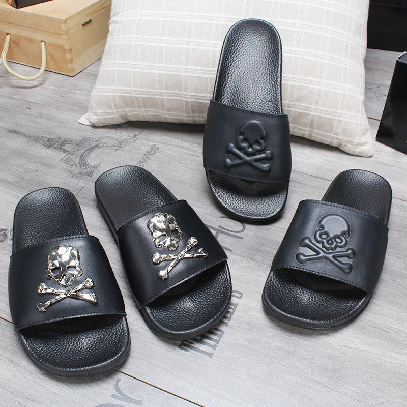 2025 New Arrival Men Genuine Leather Skull Slippers Men's Solid Flat Non-slip Rubber Soles Metal Skull Slides Unisex
