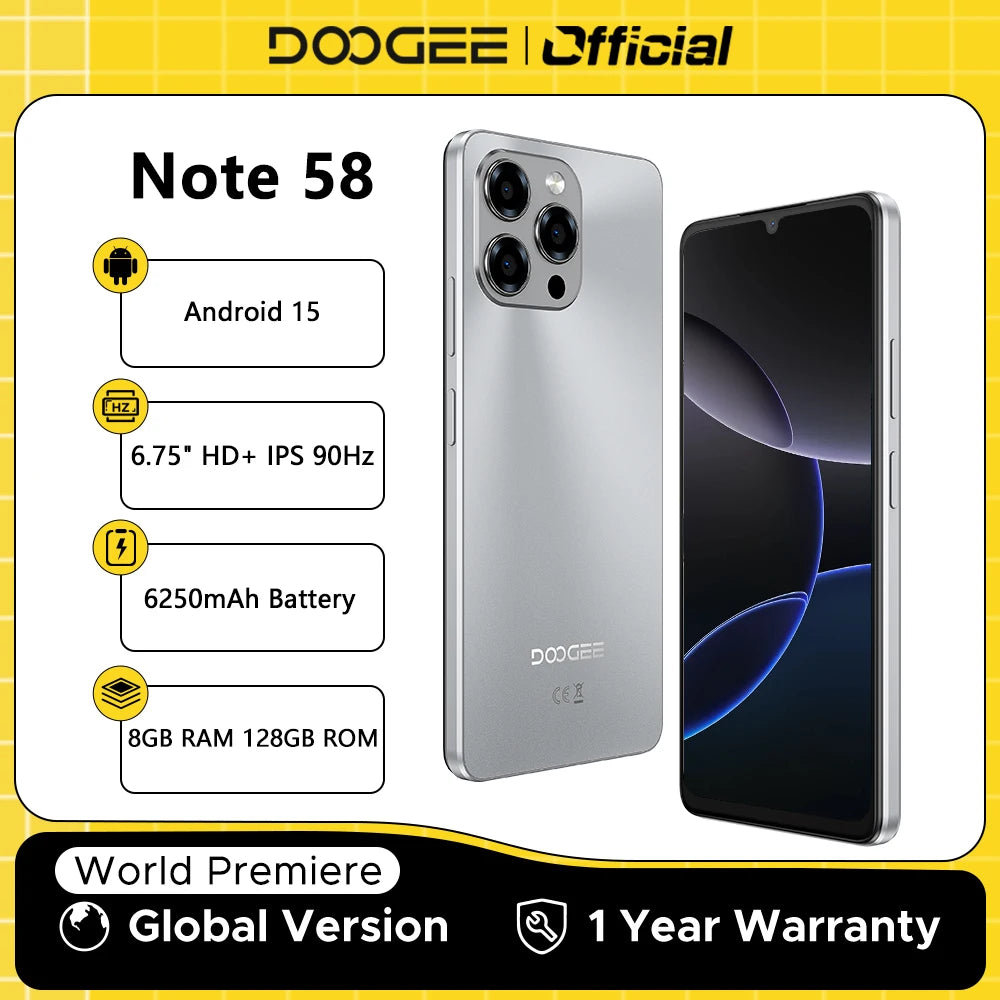 【Brand+】Global Version DOOGEE Note 58 8GB RAM 128GB ROM 6.75" HD+ 90Hz IPS Screen 6250mAh Large battery NFC Android 15