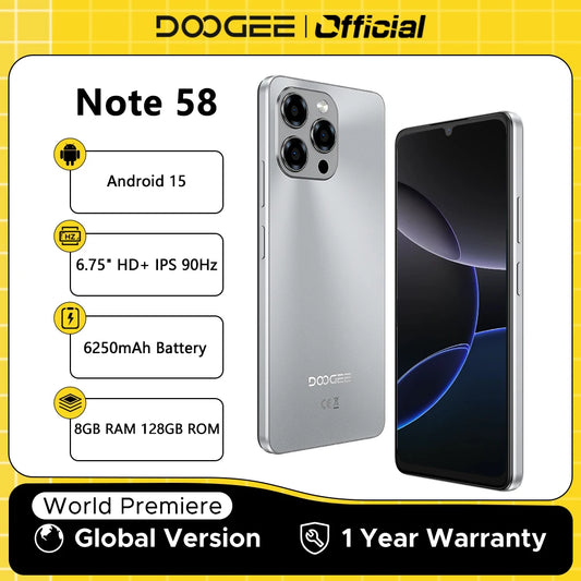 【Brand+】Global Version DOOGEE Note 58 8GB RAM 128GB ROM 6.75" HD+ 90Hz IPS Screen 6250mAh Large battery NFC Android 15