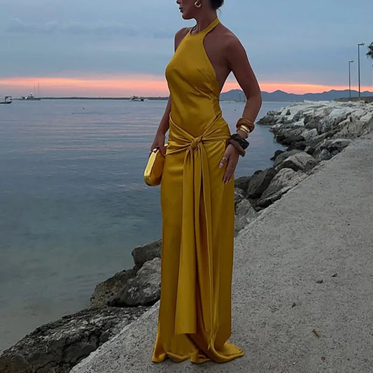 2025 Women Sexy Backless Solid Beach Dress Fashion Lace-Up Waist Slim Satin Long Dress Elegant Round Neck Sleeveless Party Dress