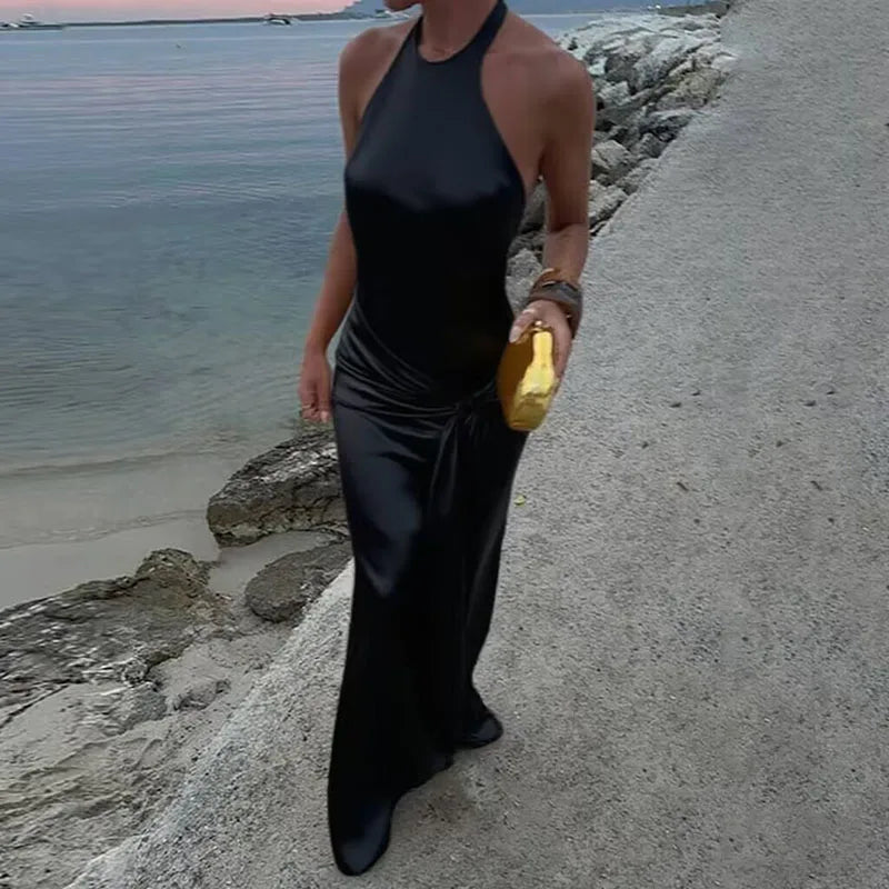 2025 Women Sexy Backless Solid Beach Dress Fashion Lace-Up Waist Slim Satin Long Dress Elegant Round Neck Sleeveless Party Dress