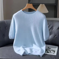 100% Mink Cashmere Knitted Short Sleeved Men's Loose Round Neck Solid Color Half Sleeved Simple T-Shirt Casual Business Cashmere