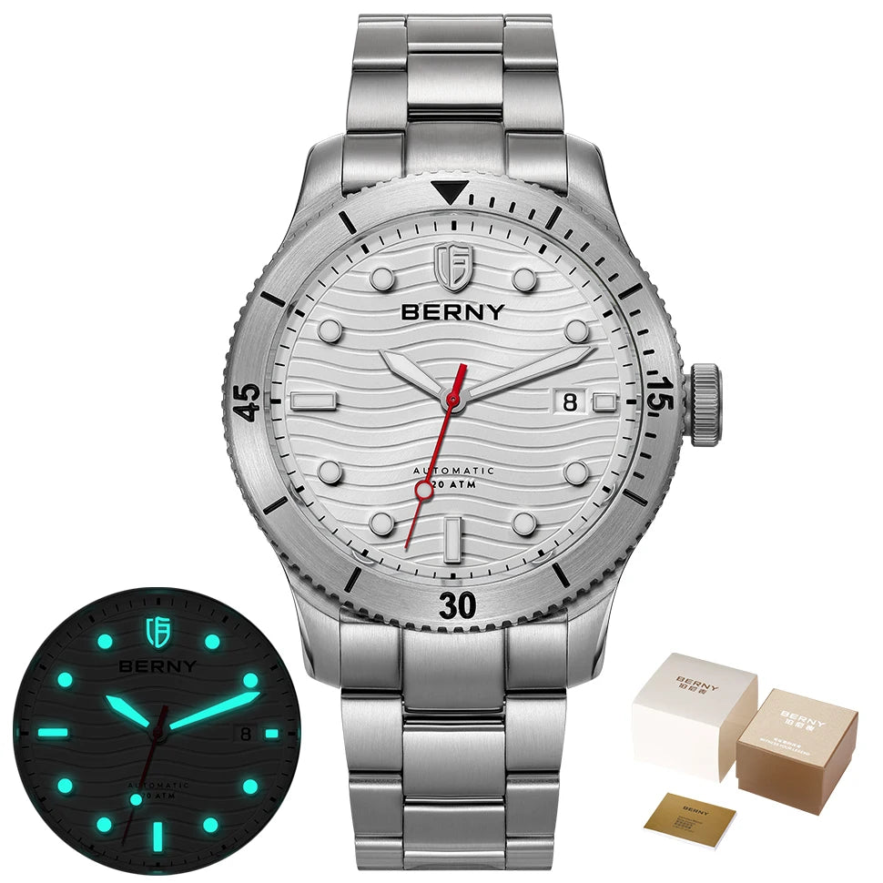 BERNY Top Automatic Diver Watch for Men PT5000 Movement 20ATM Waterproof Luminous Sapphire Lens Sport Swimming Diving Watch Men