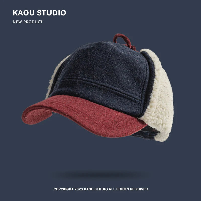 Retro Woolen Color Matching Bomber Hat Men and Women Street Japanese Trend Peaked Cap Plush Thermal Ear Protection Baseball Cap