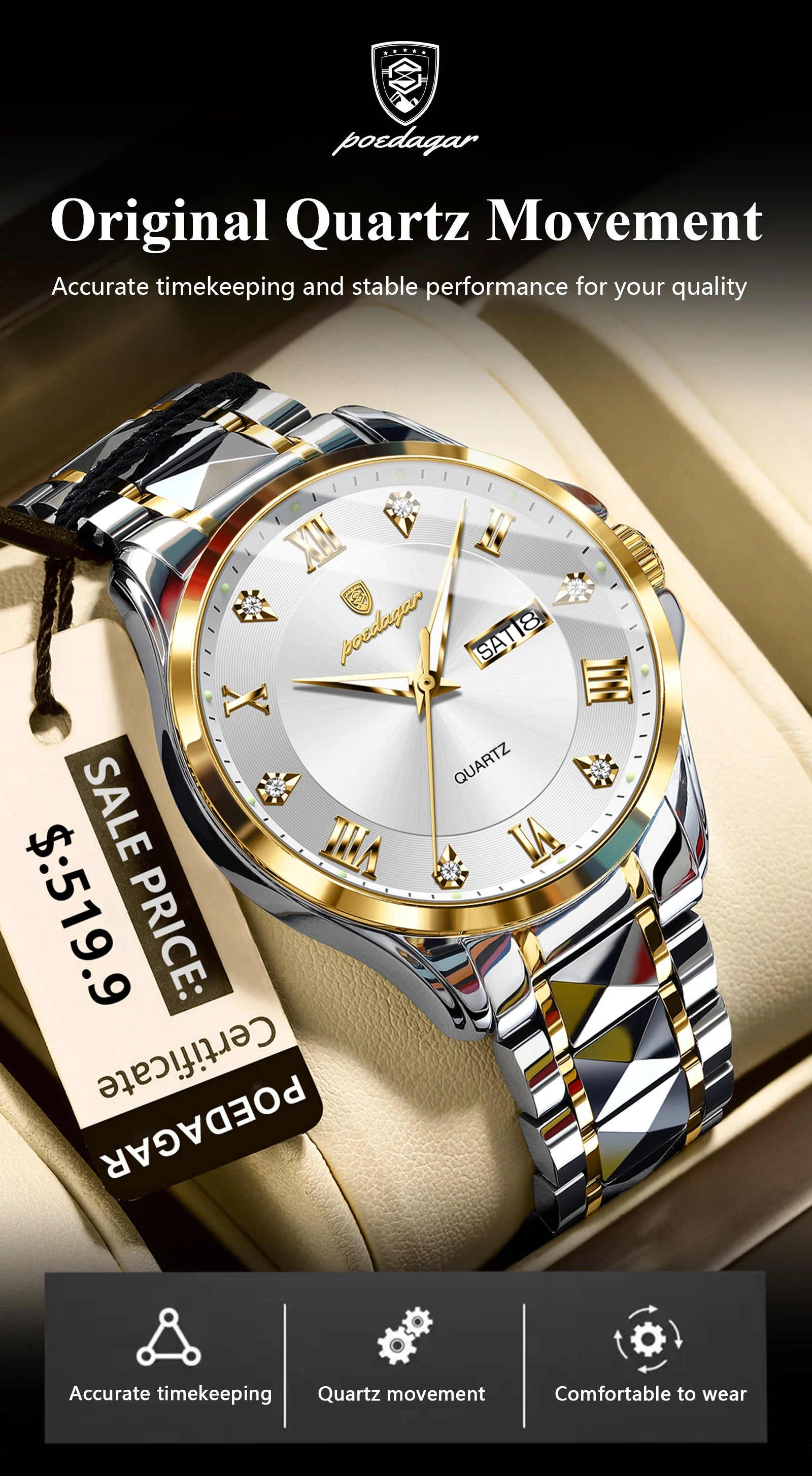 POEDAGAR Luxury Casual Man Watch Waterproof Luminous Date Week Quartz Men's Watches Stainless Steel Fashion Sport Men Wristwatch