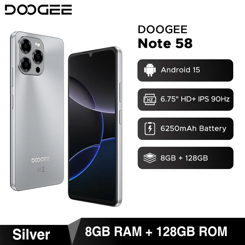 【Brand+】Global Version DOOGEE Note 58 8GB RAM 128GB ROM 6.75" HD+ 90Hz IPS Screen 6250mAh Large battery NFC Android 15