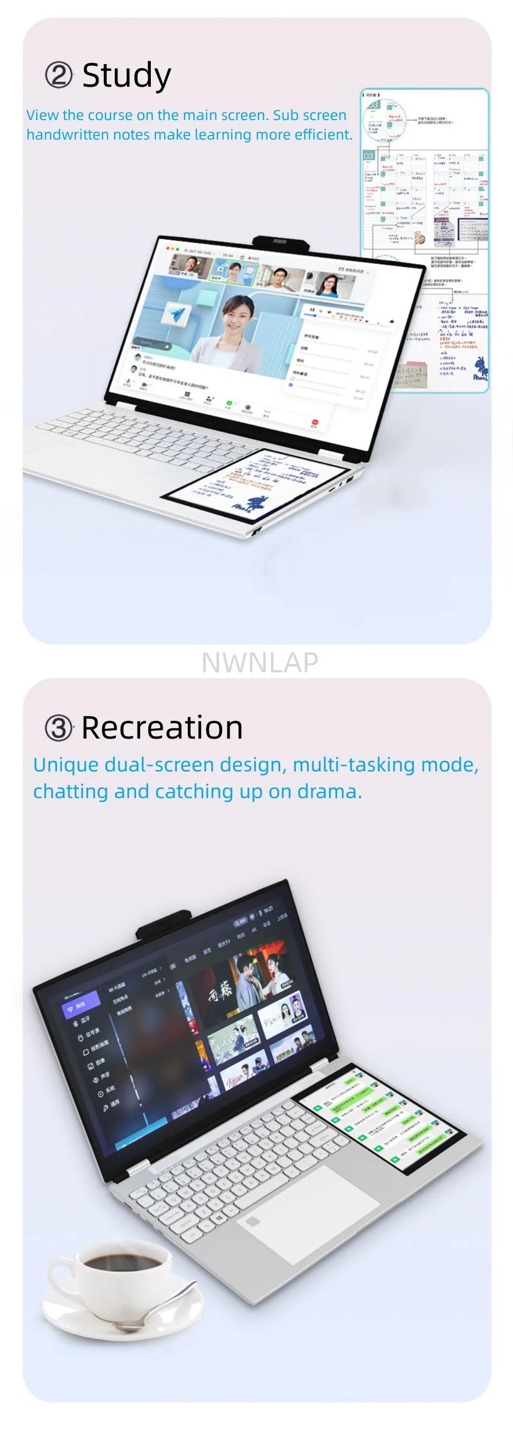 New Arrivals 12th Generation Intel N100 Dual Screen Laptop Gaming Laptop 15.6inch 2K LCD+7inch IPS Touch Screen PC Portable