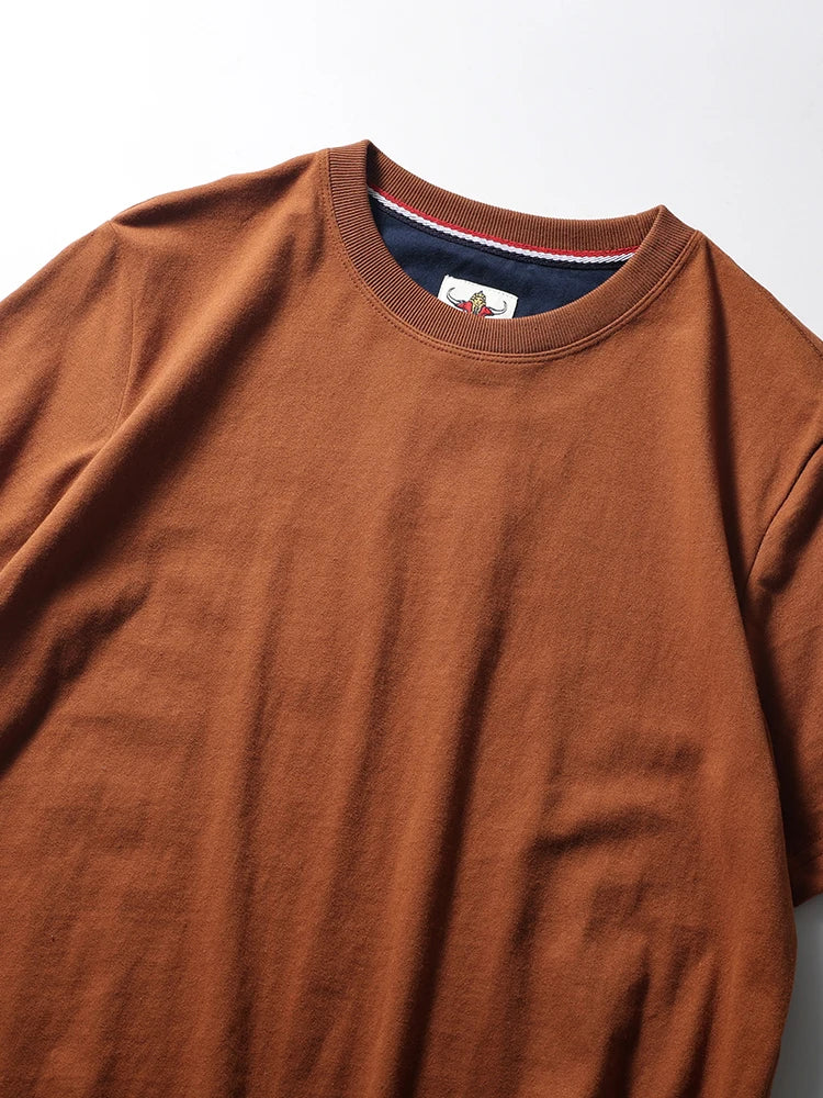 2025 Summer New American Retro Short Sleeve O-neck Solid Color T-shirt Men's Fashion 100% Cotton Washed Casual Terry Cloth Tops