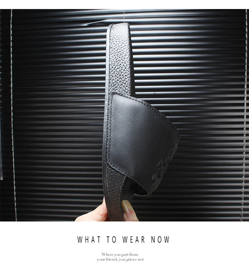 2025 New Arrival Men Genuine Leather Skull Slippers Men's Solid Flat Non-slip Rubber Soles Metal Skull Slides Unisex