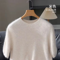 100% Mink Cashmere Knitted Short Sleeved Men's Loose Round Neck Solid Color Half Sleeved Simple T-Shirt Casual Business Cashmere