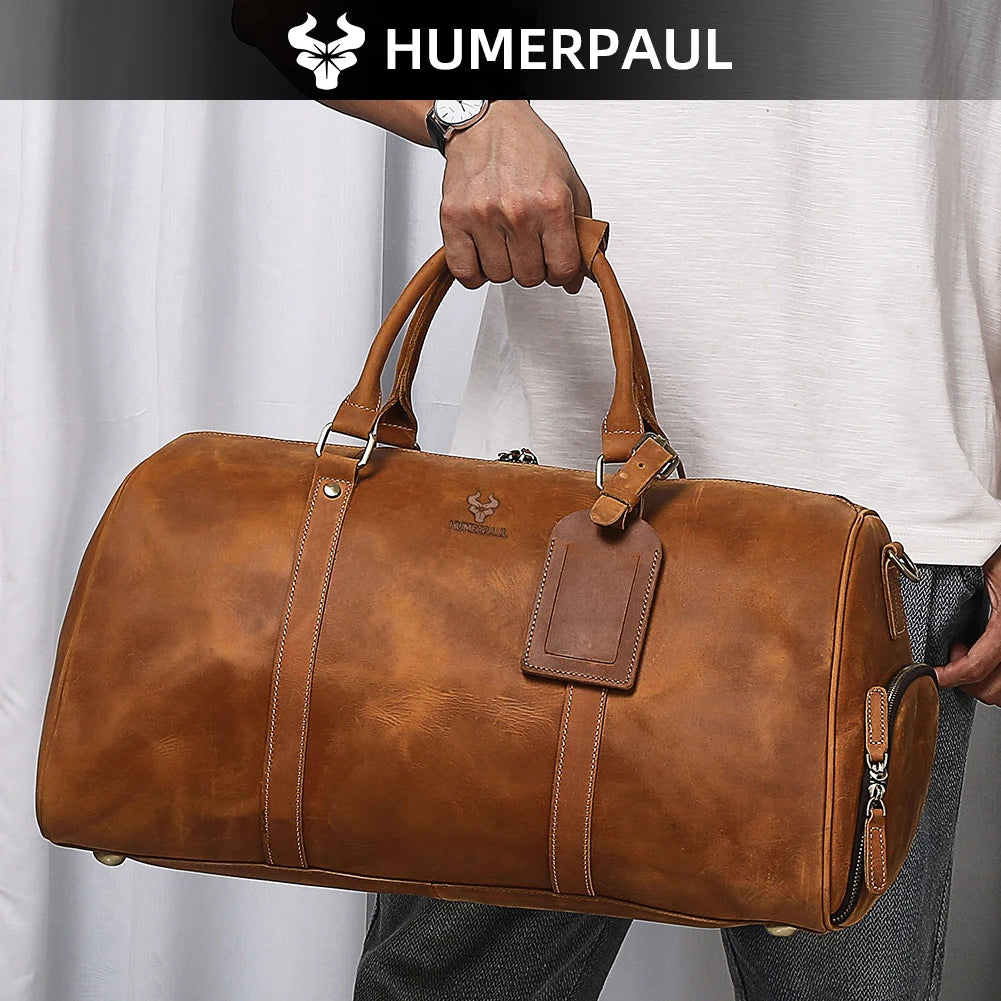 Men's Crazy Horse Leather Duffle Bag Large Capacity Travel Luggage Bag Fits 15'' Laptop & Shoes Durable Totes Bags for Business