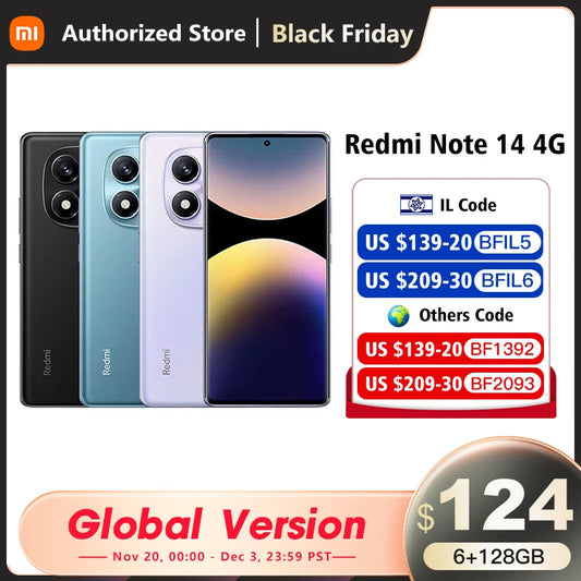 Xiaomi Redmi Note 14 Global Version MediaTek Helio G99-Ultra 108MP AI Camera 6.67" AMOLED 120Hz Display 5500mAh