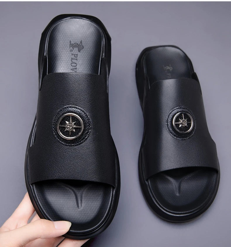 Luxury Men's Genuine Leather Sandals Classic Roman Men Shoes Slippers Soft Comfortable Men Non-slip Walking Slippers Footwea