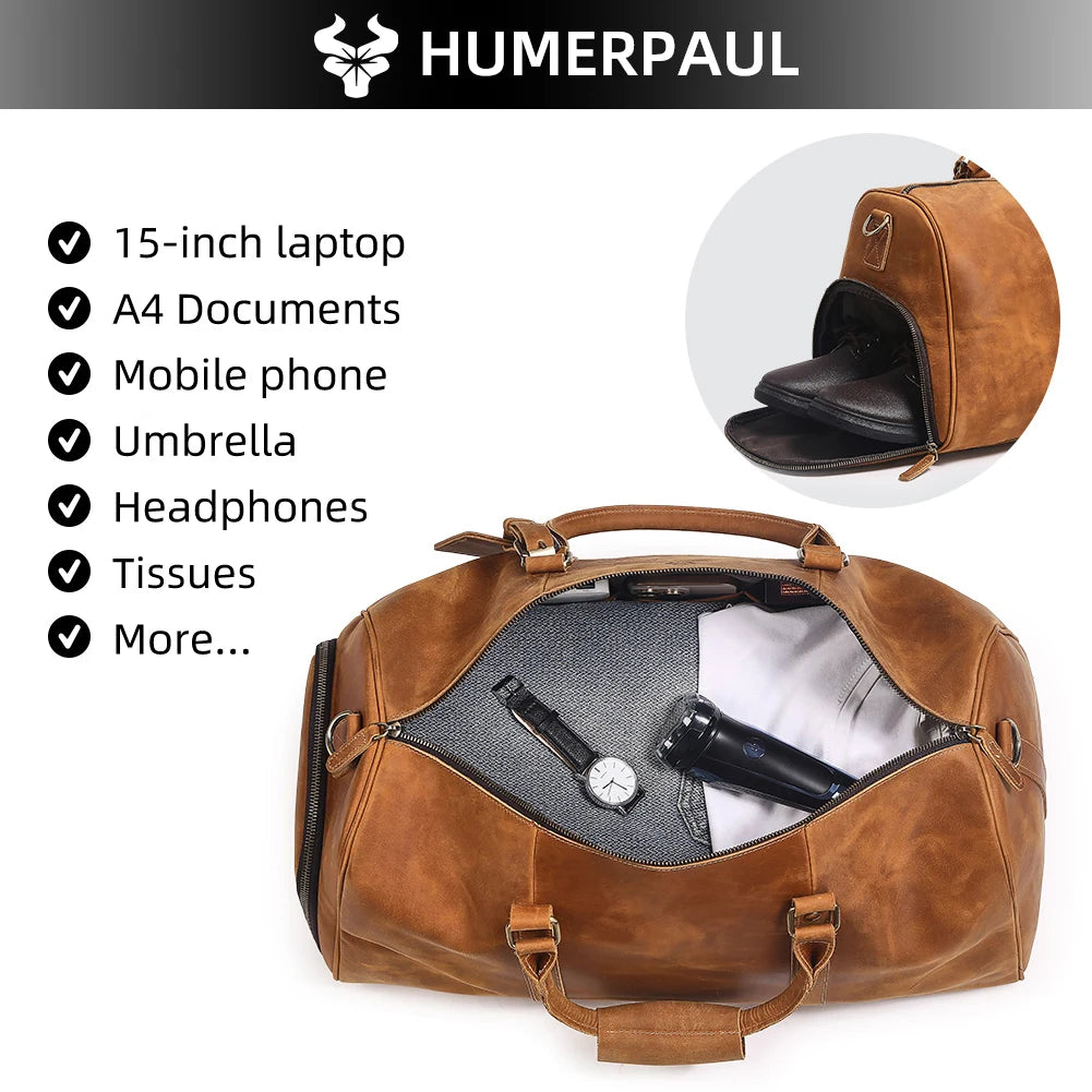 Men's Crazy Horse Leather Duffle Bag Large Capacity Travel Luggage Bag Fits 15'' Laptop & Shoes Durable Totes Bags for Business