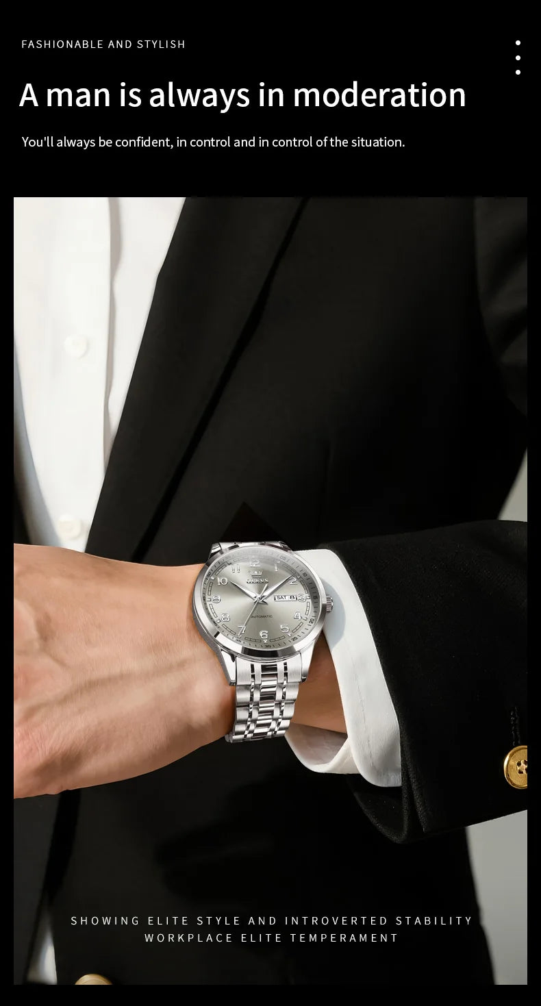 OLEVS Men Watches 7077 Luxury Fashion Top Brand Original Automatic Mechanical Watch for Man Double Scale Simple Trend Waterproof