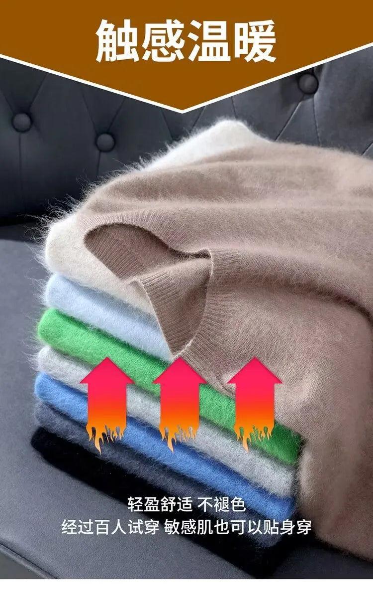 100% Mink Cashmere Knitted Short Sleeved Men's Loose Round Neck Solid Color Half Sleeved Simple T-Shirt Casual Business Cashmere