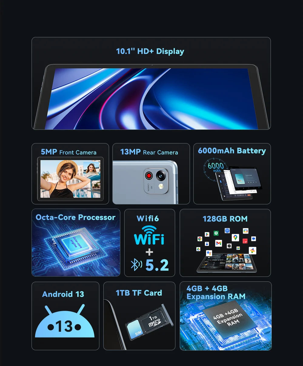 Cubot TAB 60, 2024 New Android Tablet, Octa-Core, 8GB RAM (4GB+4GB), 128GB ROM, 10.1-Inch HD+ Screen, 6000mAh, OTG, WiFi 6