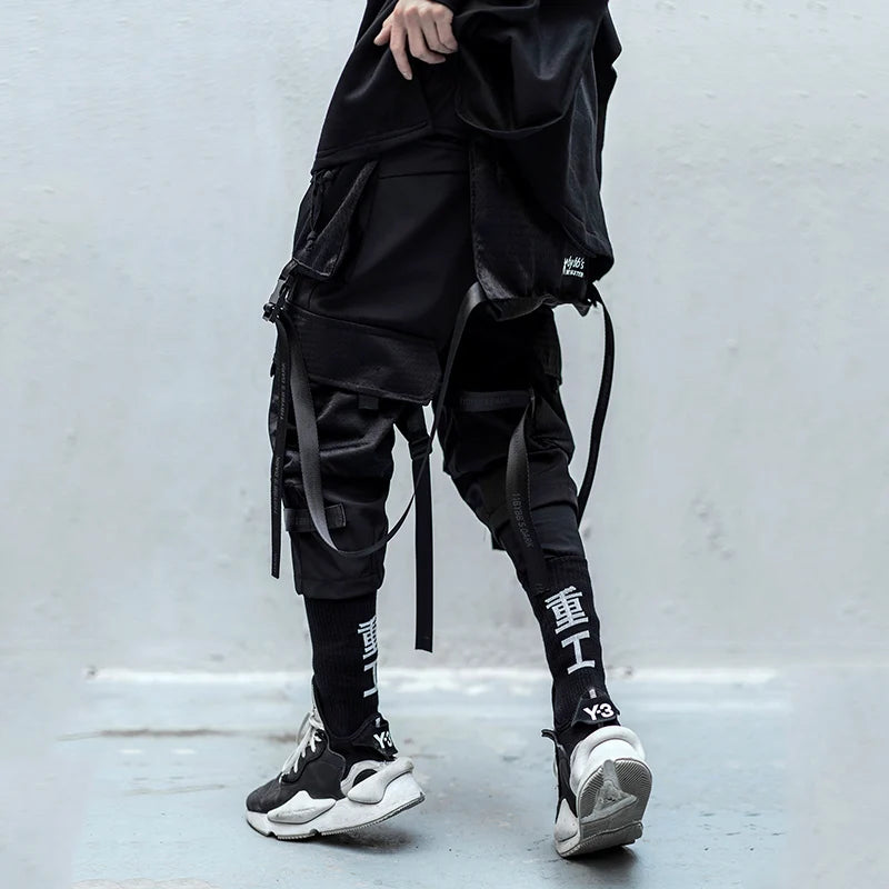 2023 Multi Pockets Tactical Hip Hop Cargo Pants Men High Street Casual Punk Techwear Harem Pants Webbing Buckle Elastic Waist