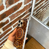 3D Luxury Leopard For Magsafe Grip Tok Phone Case for IPhone 17 16 15 13 Pro Max Wireless Charge Magnetic Stand Holder Cover