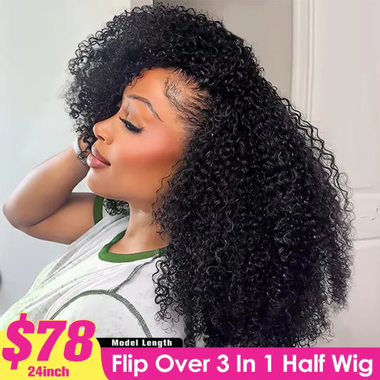 250% Half Wig Human Hair Kinky Curly Human Hair Wigs Flip Over 3 In 1 Half Wig Afro Curly Headband Wig 300% Full Hair Wigs Sale