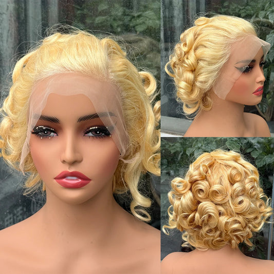 613# Pixie Cut Wigs Human Hair Loose Wave Curly Wig 13x4 Lace Front Human Hair Wig  260% Density 8Inch for Black Women