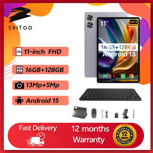 SVITOO 11" 2025 Tablet Android 15 Octa-Core T606 16GB RAM 128GB ROM 8000mAh Battery Type-C Widevine L1 PC Tablets Global Version
