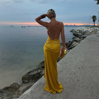 2025 Women Sexy Backless Solid Beach Dress Fashion Lace-Up Waist Slim Satin Long Dress Elegant Round Neck Sleeveless Party Dress