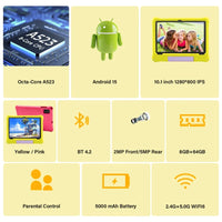 ANRY 10.1 inch Kids Android 15 Tablet 8GB (4+4GB) RAM 64GB ROM 5000Mah Octa-core 5G Wifi Children's Learning Educational Tablets