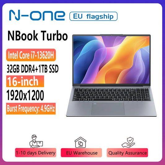 N-one NBook Turbo Intel i7-13620H 16 inch Gaming Laptop 32GB+1TB SSD Computer 1920*1200, 5000mAh, Wi-Fi 5,Bluetooth 4.2,10C/16T