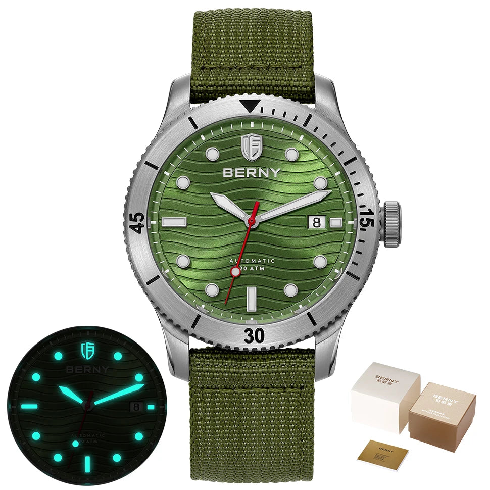 BERNY Top Automatic Diver Watch for Men PT5000 Movement 20ATM Waterproof Luminous Sapphire Lens Sport Swimming Diving Watch Men