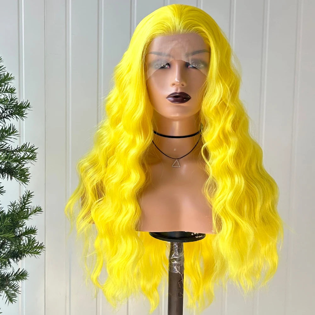 AIMEYA Yellow Hair Cosplay Synthetic Lace Front Wigs for Women Long Loose Wave Wig Free Part Heat Resistant Fiber Synthetic Wig