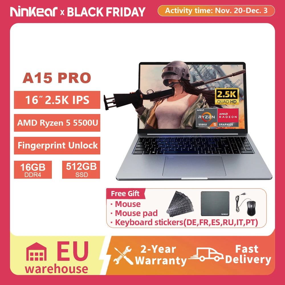 Ninkear A15 Pro Laptop AMD Ryzen 5 5500U 16 inch 120Hz 2560*1600 Display Screen 16GB 512GB Fingerprint Unlock Notebook Computer