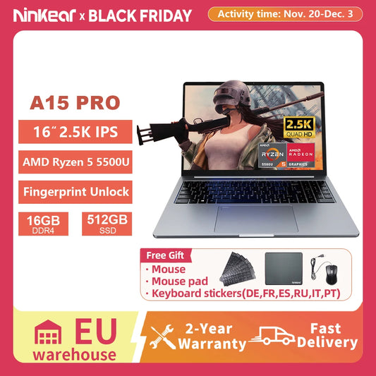 Ninkear A15 Pro Laptop AMD Ryzen 5 5500U 16 inch 120Hz 2560*1600 Display Screen 16GB 512GB Fingerprint Unlock Notebook Computer