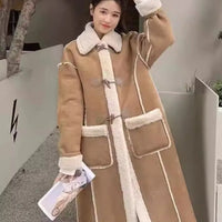 2025 Autumn Winter Women's Simple and Chic Long Coat with Button Design Lamb Wool Collar, Versatile and Stylish for Casual Wear
