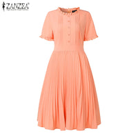 2025 ZANZEA Elegant Women Midi Dresses Summer Office Work Dress Short Sleeve O Neck Party Vestidos Pleated Sundress Robe Femme