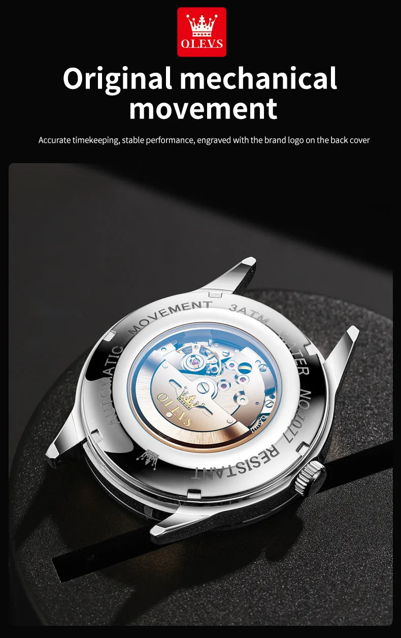 OLEVS Men Watches 7077 Luxury Fashion Top Brand Original Automatic Mechanical Watch for Man Double Scale Simple Trend Waterproof