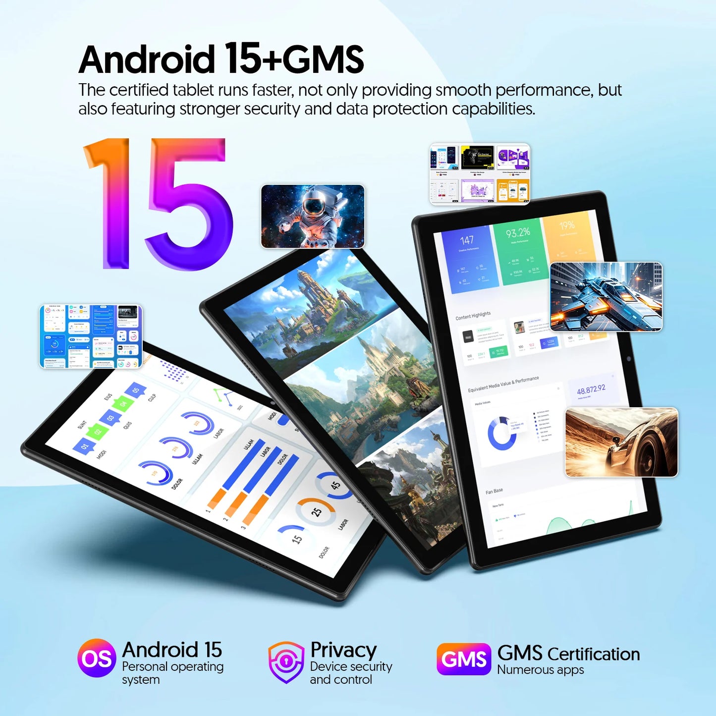 BAKEN 10-inch Android 15 tablet, quad-core processor, 12GB (3+9 expansion) RAM + 64GB storage, 5G WiFi, 1280*800 dual cameras