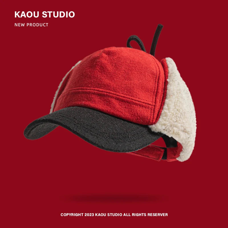 Retro Woolen Color Matching Bomber Hat Men and Women Street Japanese Trend Peaked Cap Plush Thermal Ear Protection Baseball Cap