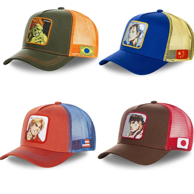 Street Fighter Hat Cosplay Chun Li Ryu KEN BLANKA Cartoon Embroidered Baseball Hat adjustable Mesh Hat Duck Tongue Hat