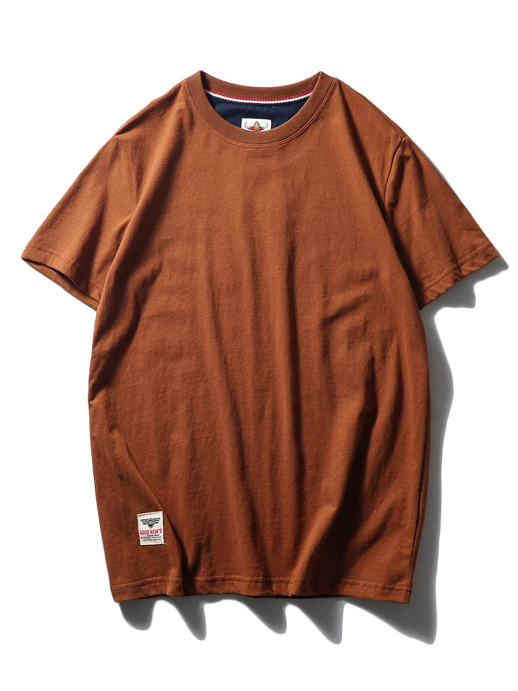 2025 Summer New American Retro Short Sleeve O-neck Solid Color T-shirt Men's Fashion 100% Cotton Washed Casual Terry Cloth Tops