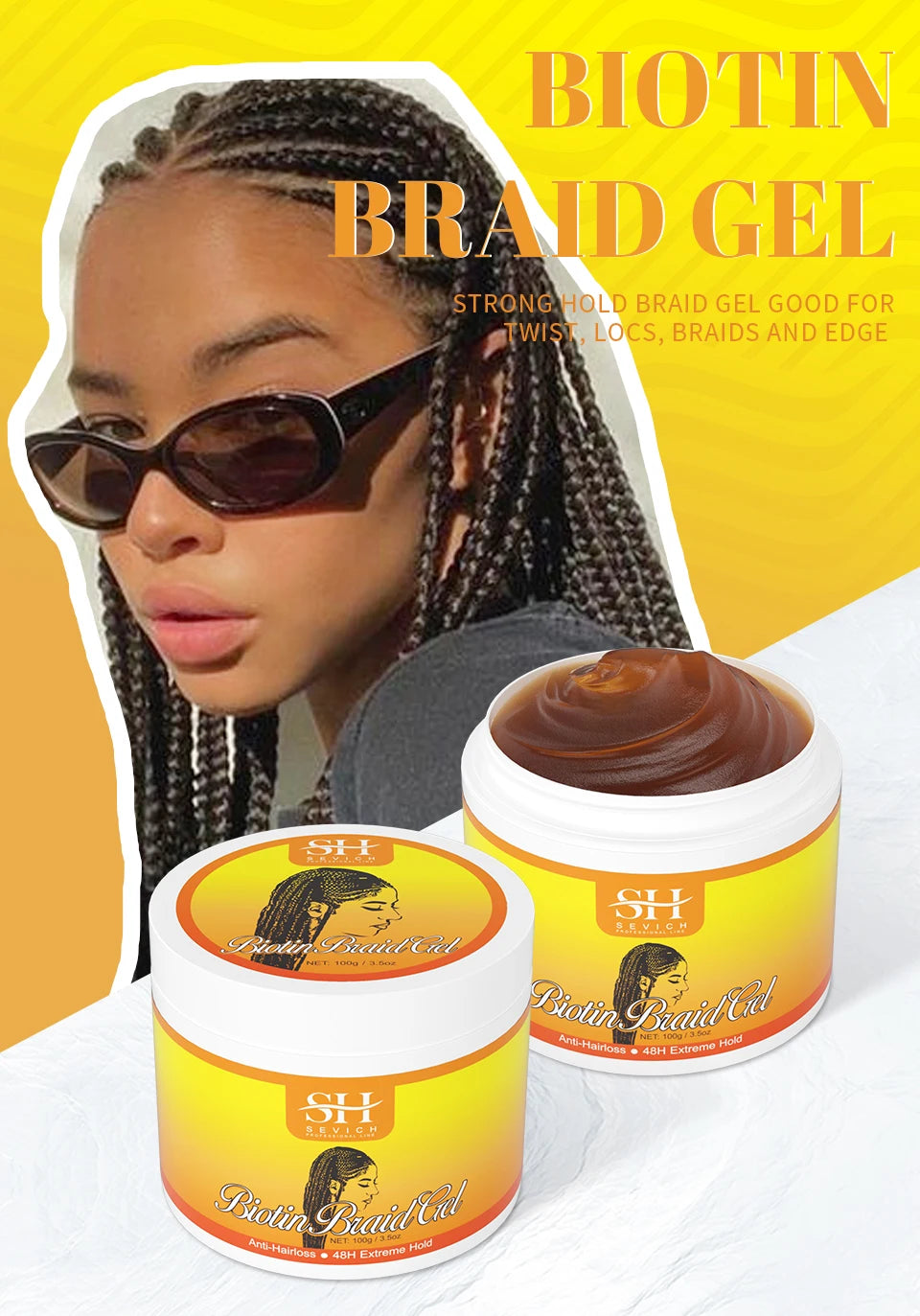 African Biotin Braid gel 100g Edges Control Twist Gel Tames Frizz & Edges Jojoba Oil Styling Braiding Gel Anti Hair Loss Wax，Loc